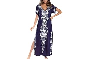 LCZIWO Women's Boho Maxi Dress Floral Print V Neck Short Sleeve Side Split Casual Loose Spring Summer Long Dresses