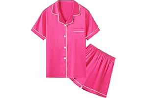 Umeyda Women & Girls Pajamas Set, Soft Satin Lightweight Silk Button-Down Top with Shorts 2 Piece PJS for Mom Boys Kids Gifts