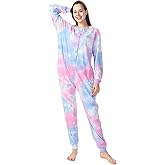 Lifeye Womens Onesie Pajamas Tie-Dye Cotton Romper Thermal Sleepwear Long Sleeve Jumpsuit Homewear Nightwear with Pockets