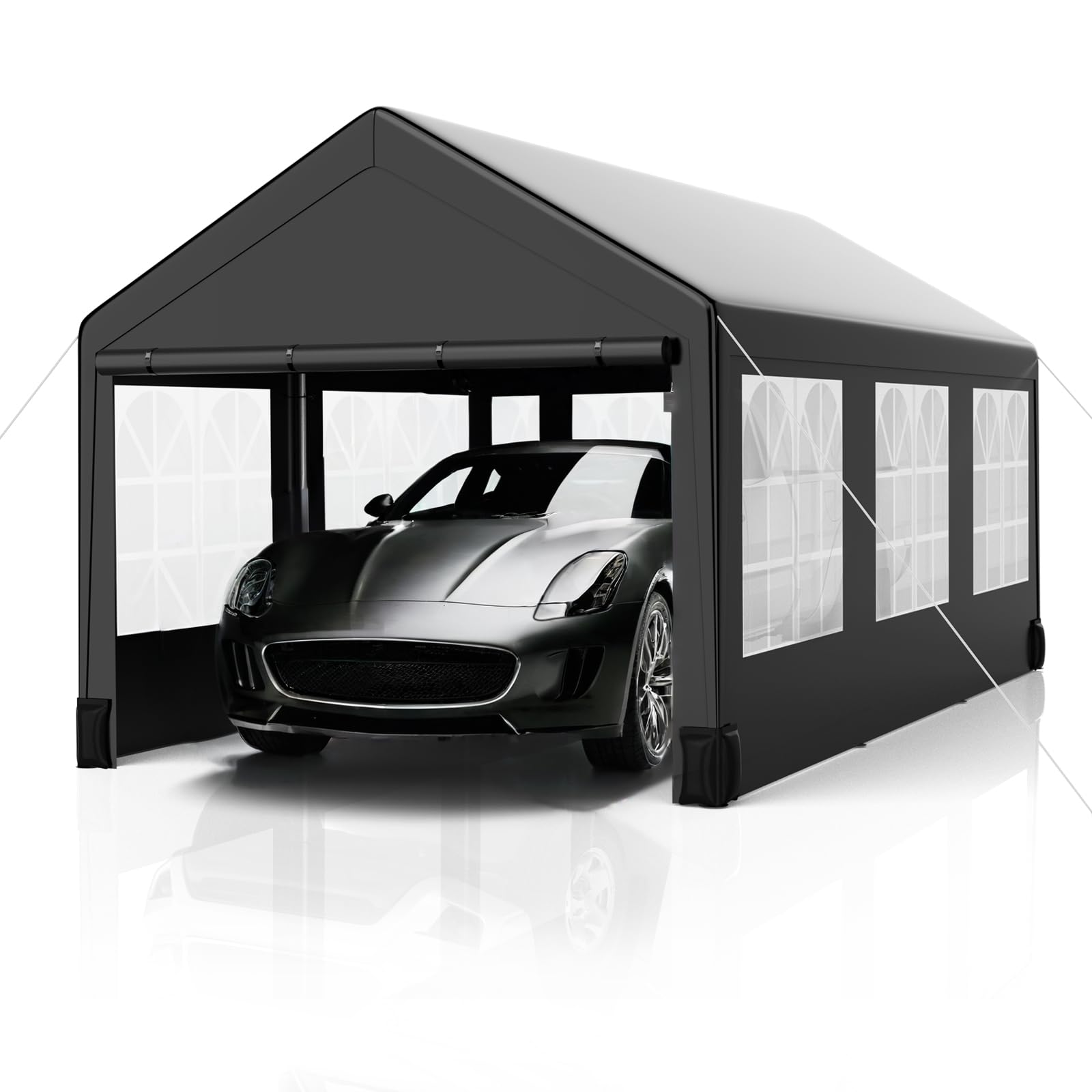 Photo 1 of YardYonder 12'x20' Heavy-Duty Canopy Carport, Waterproof & UV-Resistant Garage Tent with 4 Load-Bearing Sandbags, Roll-Up Mesh Windows for Cars, Boats, and Outdoor Equipment