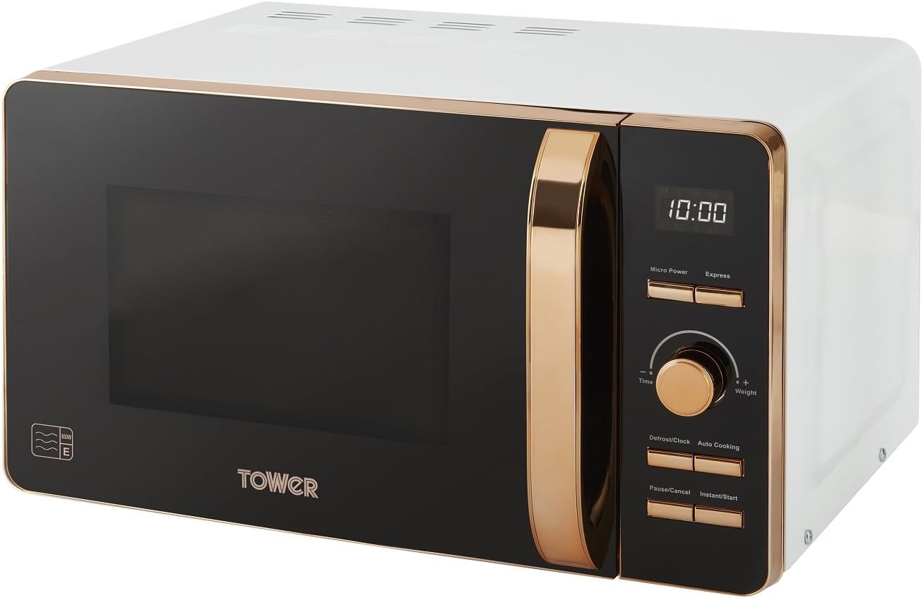 Tower T24021W Digital Microwave with 60-Minute Timer and 8 Autocook Settings, 20L, 800W White and Rose Gold