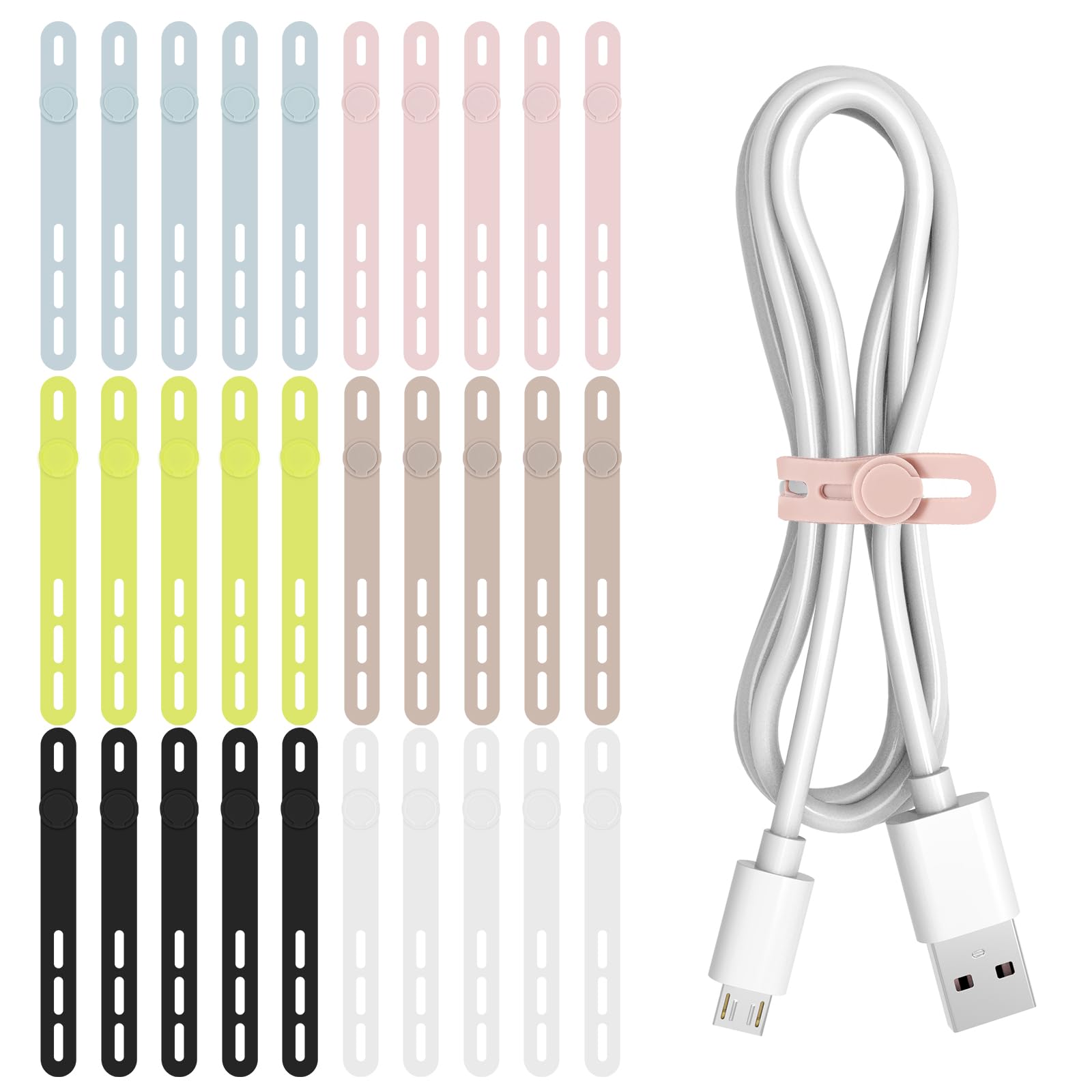Photo 1 of Donruby 30Pcs Silicone Cable Ties - Reusable & Washable with Adjustable Locking Buckle Design, High Elasticity Cable Straps for Home, Office, School, Travel Essential Cord Organizer (6 Colors)