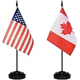 USA American & Canada Canadian CA Desk Flags, US Canada Table Flag, Small Mini American & Canadian CA Twin Table Office Flag, Miniature Canadian CA and US Desktop Flag With 13" Solid Black Pole, Black