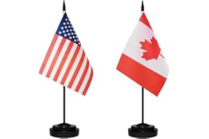 TIBIJOY USA American & Canada Canadian CA Desk Flags, US Canada Table Flag, Small Mini American & Canadian CA Twin Table Office Flag, Miniature Canadian CA and US Desktop Flag With 13" Solid Black Pole, Black