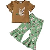 GOOCHEER Toddler Baby Girl Summer Outfit Mallard Duck Bow Ruffle Short Sleeve T-Shirt Top Bell Bottom Flare Pants Set Clothes