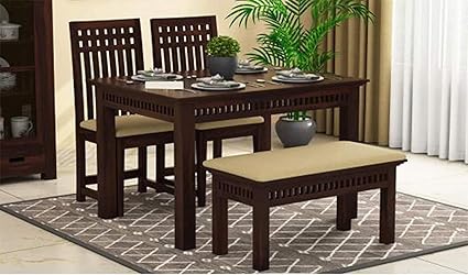 Credenza Solid Sheesham Wood 4 Seater Dining Table With 2 Chairs And 1 Bench With Cream Cushion Warm Chestnut Dark Walnut Amazon In Furniture