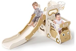LISCHWERT Toddler Slide Set, 5 in 1 Kids Slide for Toddlers Age 1-3 Bus Themed Toddler Playset with Basketball Hoop, Climber, Indoor Outdoor Toddler Playground