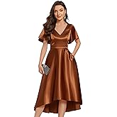 Ever-Pretty Women's Satin Short Ruffles Sleeves A Line Empire Waist Wedding Guest Dress with Pockets 02335
