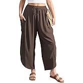TARSE Women's Linen Harem Pants Casual Loose Drawstring Elastic Waist Summer Beach Travel Vacation with Pockets