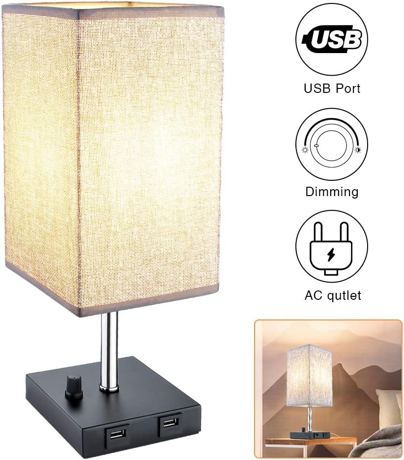 Usb Bedside Table Lamp Geediar Nightstand Lamp With Stepless Dimming 2 Fast Usb Charging Port Grey Unique Fabric Lampshade Desk Lamp For Bedroom Living Room Study Room Office Amazon Co Uk Lighting