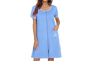 Ekouaer Women Zipper Front House Coat Short Sleeves Robe Zip Up Bathrobes Short Nightgown with Pockets S-3XL