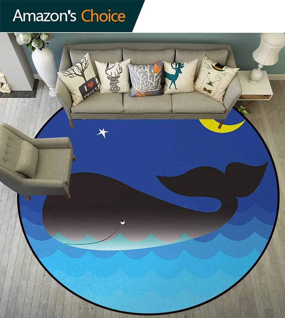 Blue Whale Round Area Rug,Whale In The Ocean At Night Time Sea Animal With Starry Sky And Moon Art Prints Design Non-Slip Fabric Round Rugs For Floor Mat Carpet Diameter-39 Inch,Dark Blue