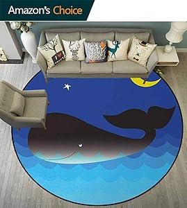 Blue Whale Round Area Rug,Whale In The Ocean At Night Time Sea Animal With Starry Sky And Moon Art Prints Design Non-Slip Fabric Round Rugs For Floor Mat Carpet Diameter-39 Inch,Dark Blue
