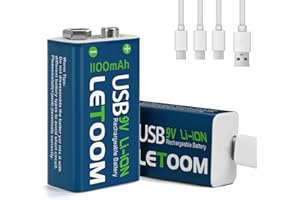 letoom USB Rechargeable 9V Lithium Batteries, 1000mAh, Set for Smoke Detectors, Alarms, Toys, Flashlights (2 Pack)