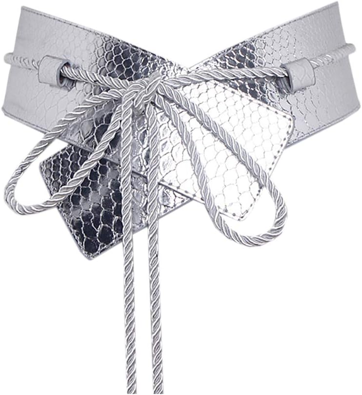 Womens Fashion Snake Pattern Elastic Solid Color Wide Leather Waist Belt Wrap Around Bow Tie for Dress Blouse