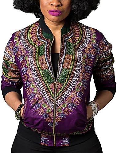 Women's Casual African Print Zipper Dashiki Short Bomber Jacket Coat with Pockets