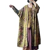 LUZU JUNU Women's Lightweight Cotton Kimono Floral Tie Up Loose Boho Cardigan Open Front Trench Coat Shawl With Pockets