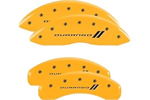 MGP Calipers - Set of 4 Caliper Covers, Engraved Front and Rear: with Stripes/Durango, Yellow Powder Coat Finish, Black Chara