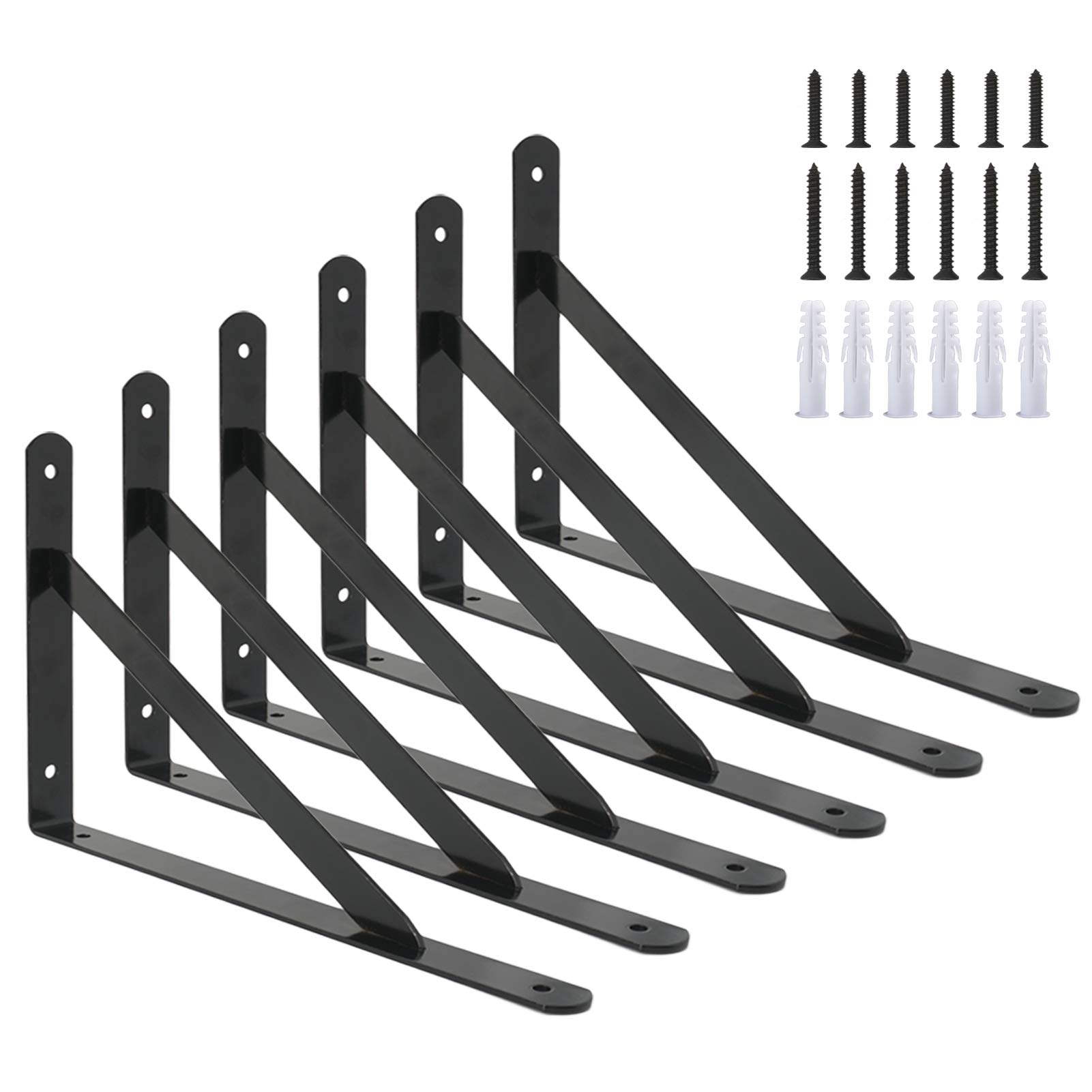 Ouvin Shelf Bracket Heavy Duty 6 Pack Triangle Shelf Brackets (150mm x950mm) Wall Mounted Right Angle Shelf Supports with Screws Black