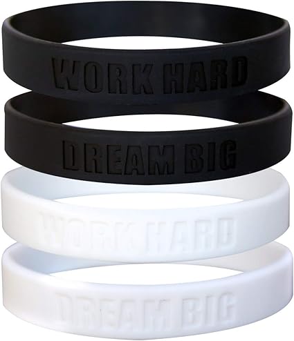 Amazon Com Gomoyo Work Hard Dream Big Motivational Silicone Wristbands Custom Embossed Quote Rubber Bands For Fitness Workouts Crossfit Basketball Lifting Black And White 4 Pack 2 Each Clothing