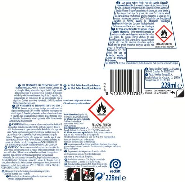 Active Fresh Spray Automatico Sin Aerosol - 2 Recambios de ambientador para casa con Flor de Jazmín, 2 veces más aceites esenciales
