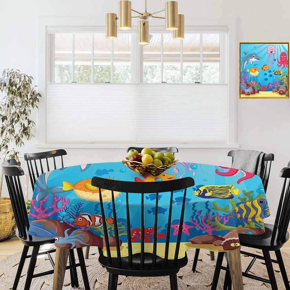 shirlyhome Whale Circular Table Cover Happy Animals Cartoon Characters Mollusc Rocks Sun Rays Comic Artwork for Holiday Dinner Sky Blue Hot Pink Yellow (Diameter 70")