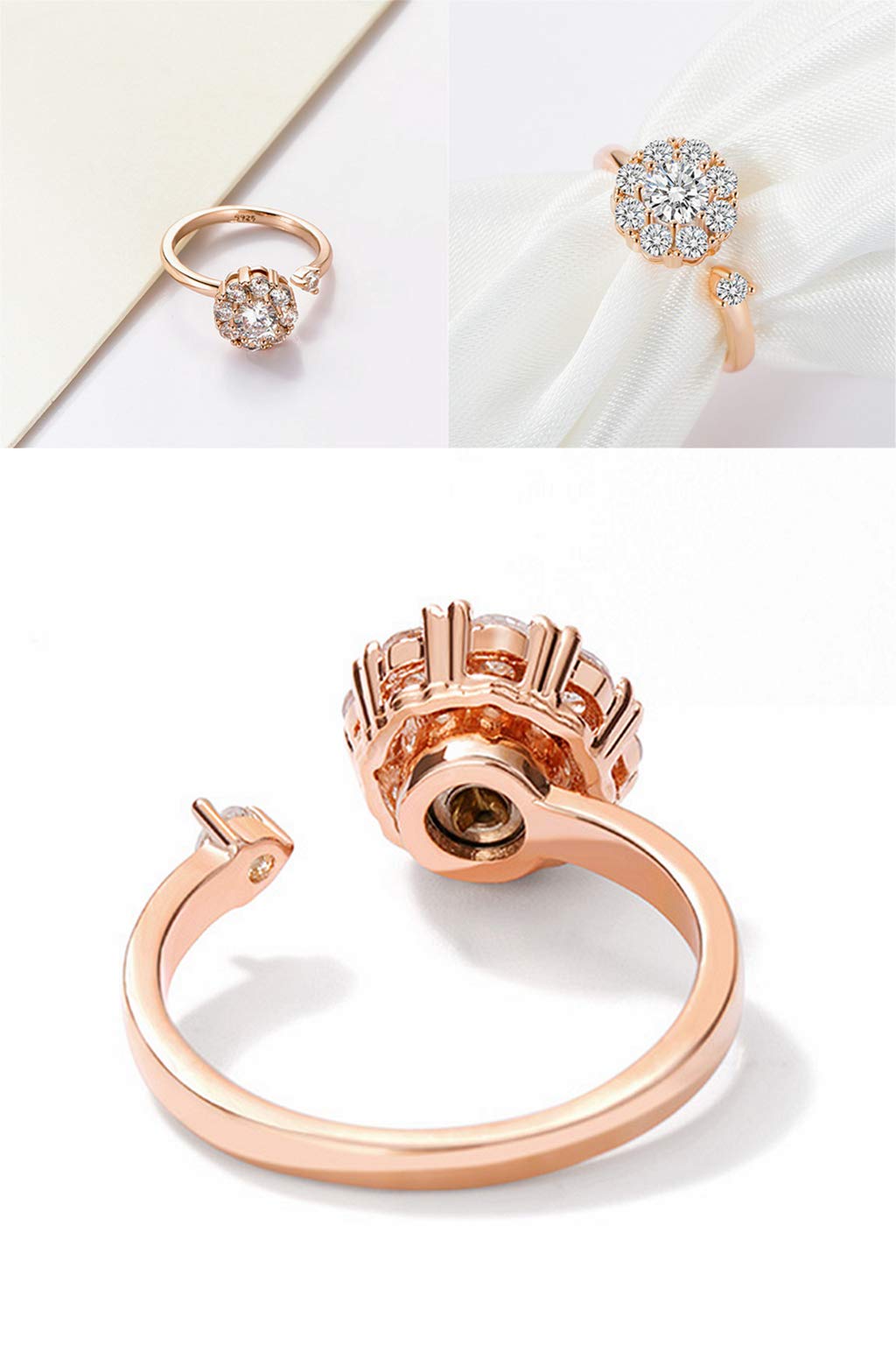 SEWOR Elegant Rotating Rings Adjustable Spinner Diamond Delicate Snowflake Ring for Women Girls, Anti Anxiety,Autism (Rose Gold)