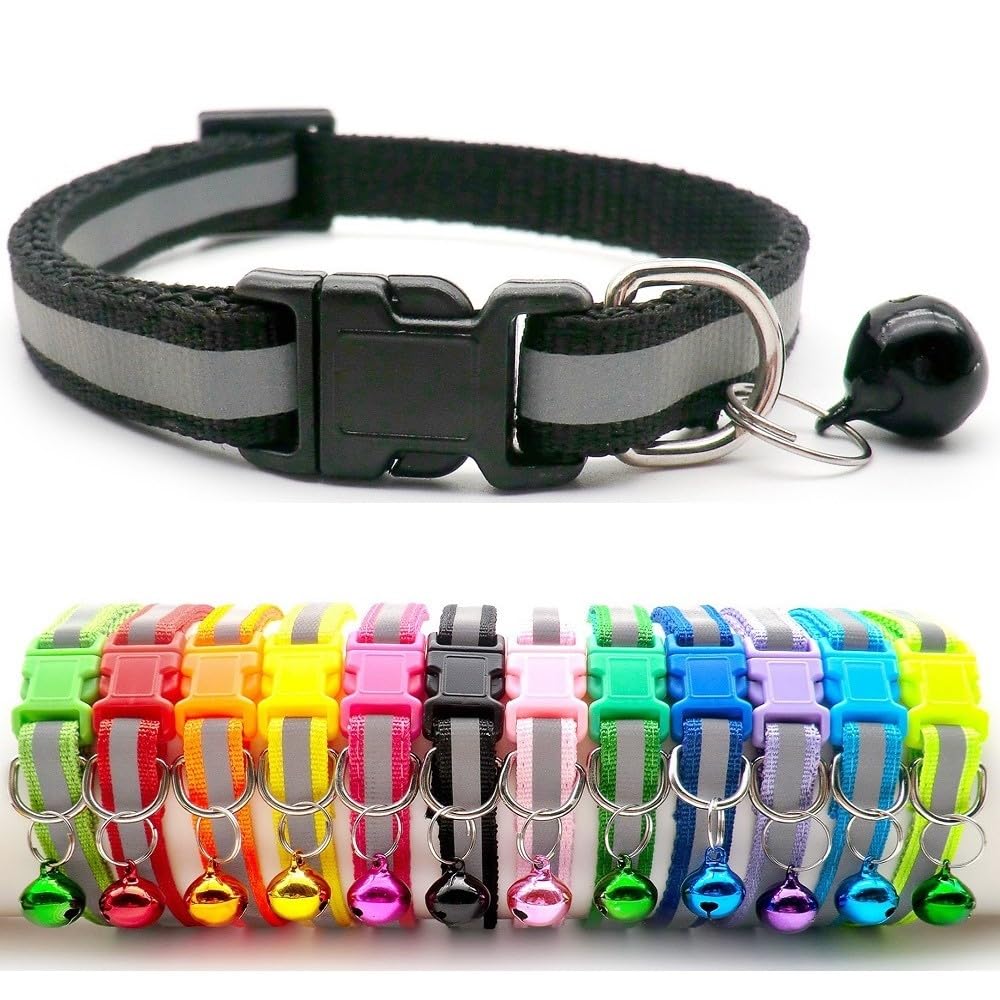 Small Dog Puppy Pet Collar Reflective Hi-Vis Strip with Bell Nylon Adjustable Size 19-32cm Black
