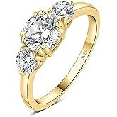 JewelryPalace Classic 1ct 3 Stone Moissanite Solitaire Engagement Rings for Women, 925 Sterling Silver 14K Gold Promise Ring for Her, Round Cut Simulated Diamond Wedding Rings H-J Size 5-10