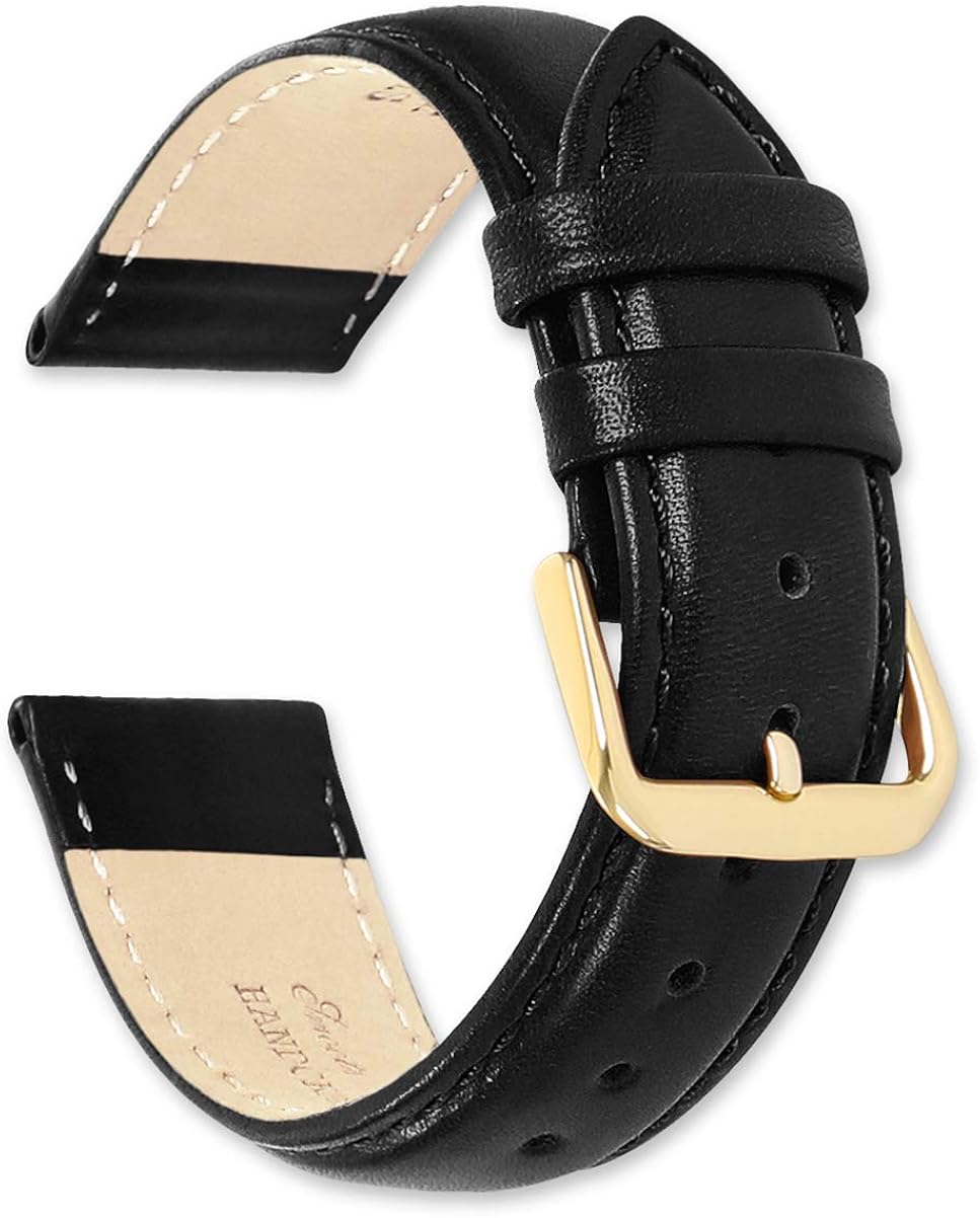 deBeer Smooth Leather Replacement Watch Band (Gold Buckle) Black 15mm