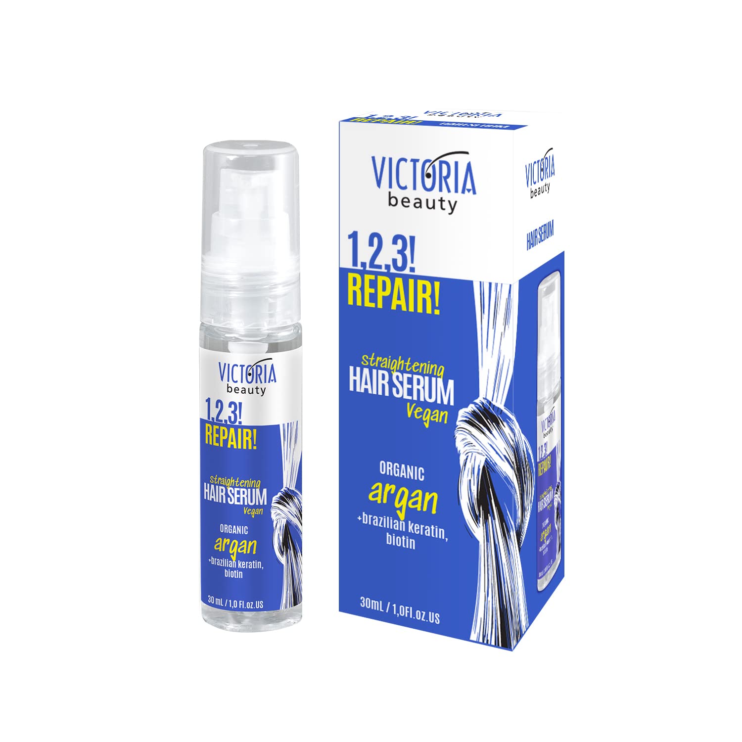 Victoria Beauty 1,2,3! Repair! Keratin Hair Treatment Leave-In Conditioner Serum for Dry and Damaged Hair with Argan, Castor Oil, and Biotin - Repairing, Smoothing, Growth Promoting, 30ml