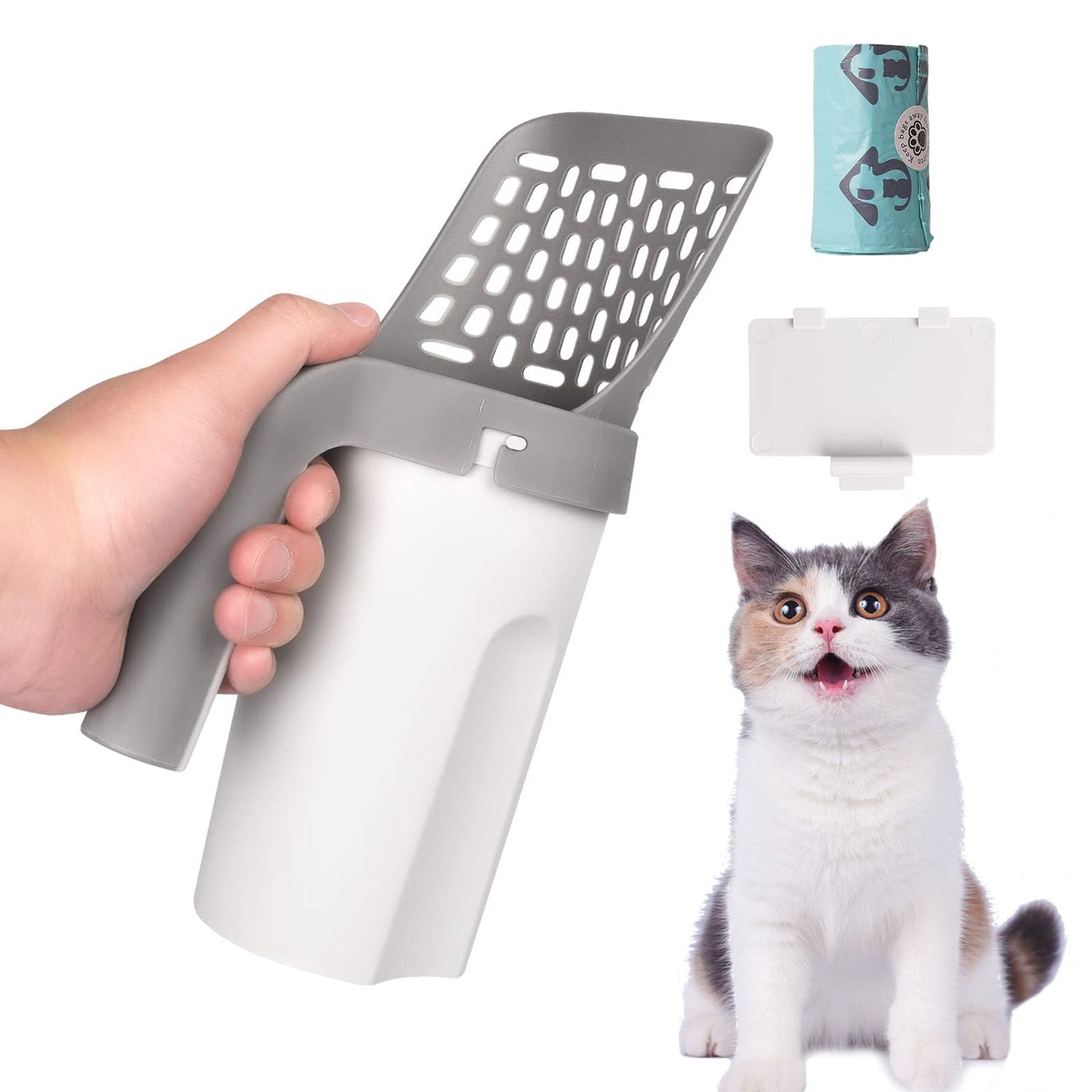 WAONIQ Litter Scoop, Cat Litter Scoop with Stand, Cat Litter Scoop with Litter Bin, Cat Litter Scoop System with Extra Litter Bags