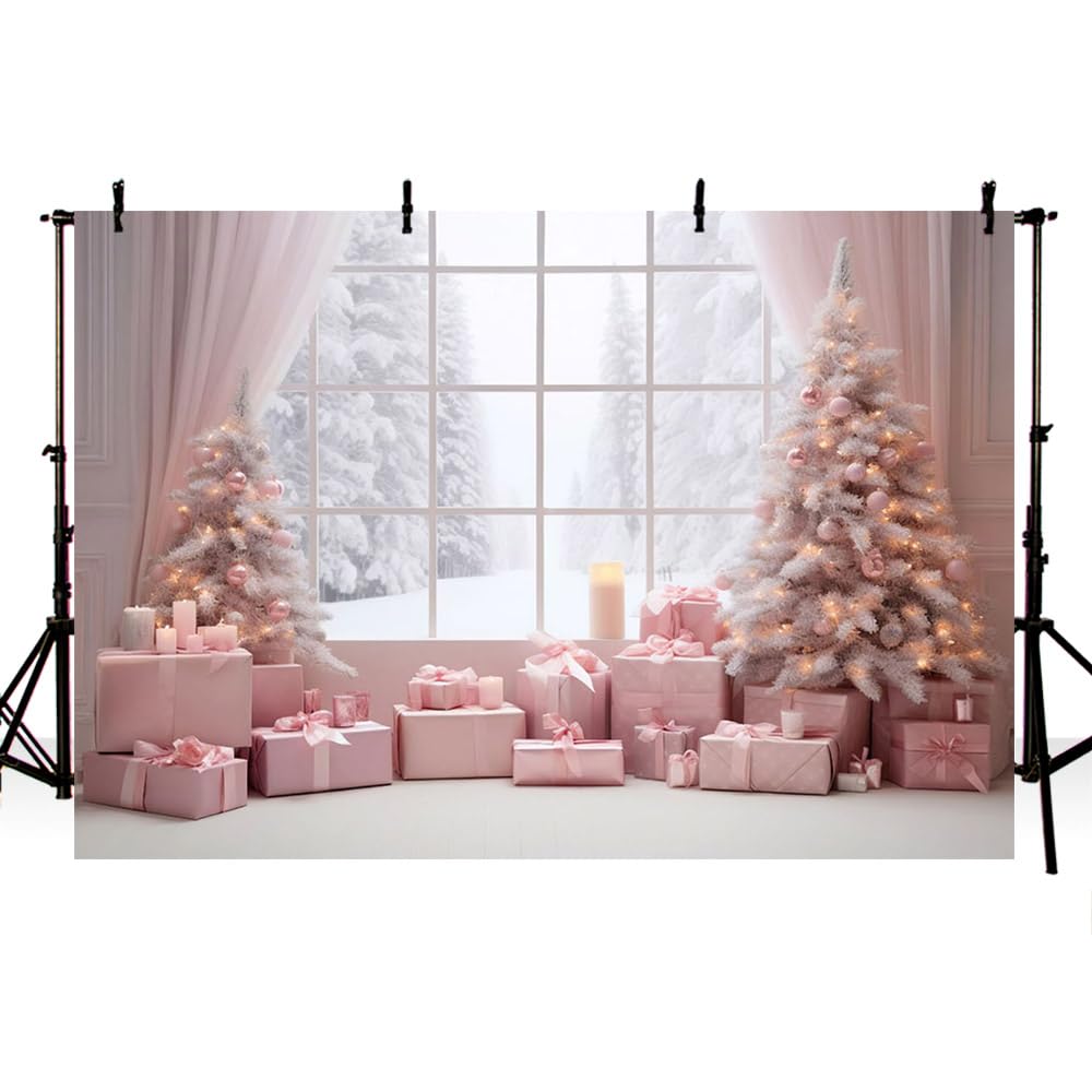 AIBIIN 7x5ft Winter Christmas Photograph Backdrop Pink Window Curtain Xmas Trees Background Holiday Photo Props Booth Portrait Party Banner Decor Props