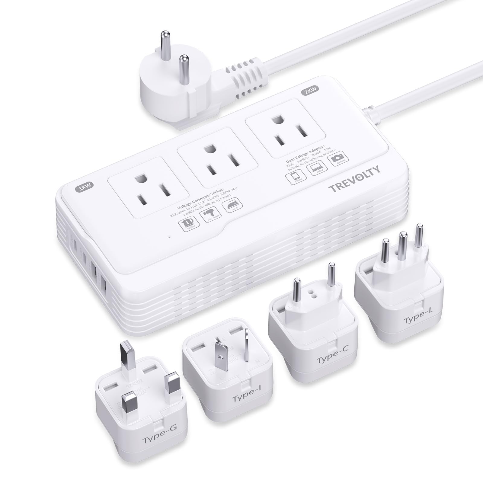 Photo 1 of TREVOLTY 2000W Voltage Converter US to Europe, 220V to 110V Converter for European Travel, Power Adapter for Hair Dryer, Universal Travel Adapter with 3 AC/ 2 USBC/ 2 USBA/EU/UK/AU/IT Plugs (White)