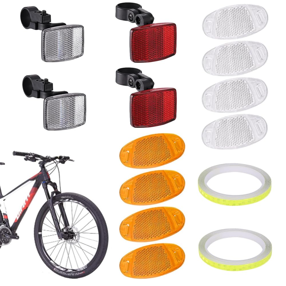 SXCCNW Bicycle Reflector, 14 PCS Bike Reflectors Front and Back, Bicycle Wheel Spoke Reflectors Bracket with 8 m Reflector Band for Motorcycle Mountain Bike MTB Bicycle Children White Red Yellow