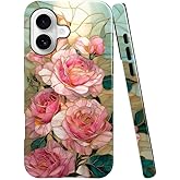 DJSOK Compatible with iPhone 17,Glossy PC Anti-Scratch Shockproof Case - Rose Flowers Stained Glass Gold Pattern