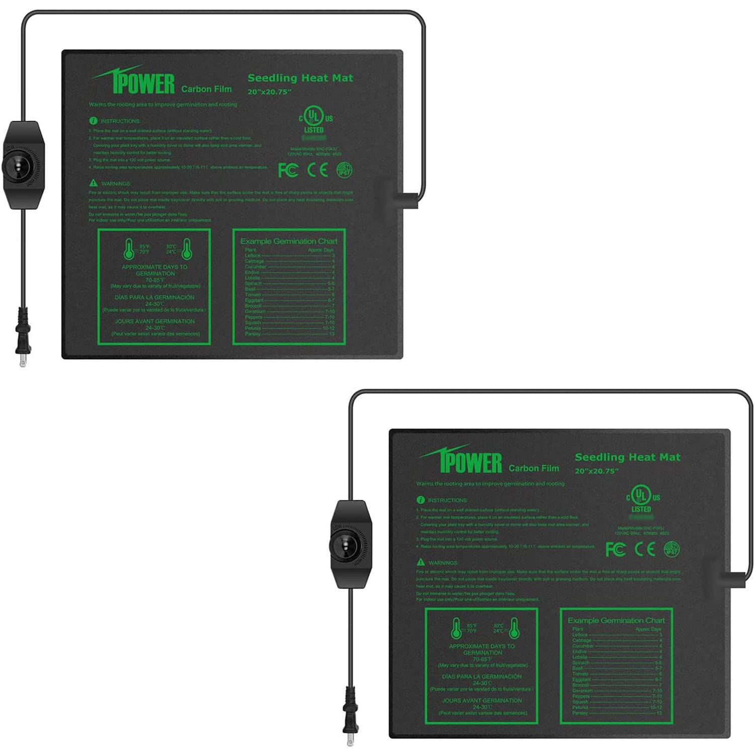 iPower 2 Pack 20" x 20.75" Seeding Heat Mat with Thermostat Temperature Adjustable Knob Durable Warm Hydroponic Plant Germination Starting Pad, Black Image