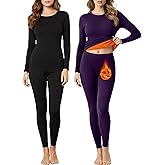 Patelai 2 Set Womens Thermal Underwear Soft Fleece Lined Base Layer Pajama Winter Warm Top Bottom for Cold Weather Skiing