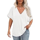 Cicy Bell Womens Summer Oversized T-Shirts V Neck Rolled Short Sleeve Casual Tops Loose Fit Tunic Tees