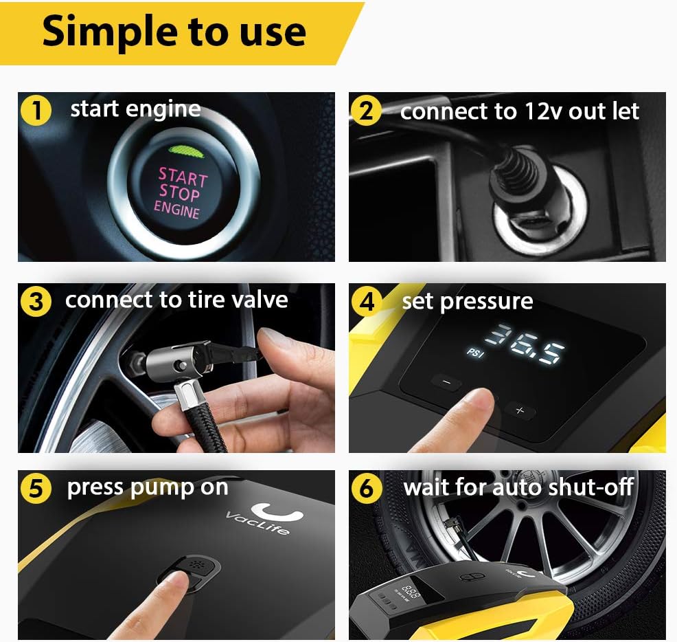 VacLife Air Compressor Tire Inflator, DC 12V Portable Air Compressor for Car Tires, Auto Tire Pump with LED Light, Digital Air Pump for Car Tires, Bicycles and Other Inflatables: Automotive