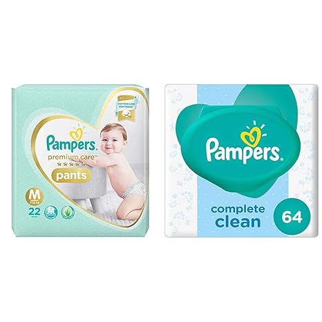 Pampers Premium Care Pants Diapers, Medium, 22 Count & Pampers Fresh Clean Baby Wipes (64 Count)