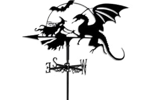 CENTMEHR Ornamental Metal Weathervane in Black with Silhouettes of a bat, a Dragon, and a Witch, Mount and Screws Included