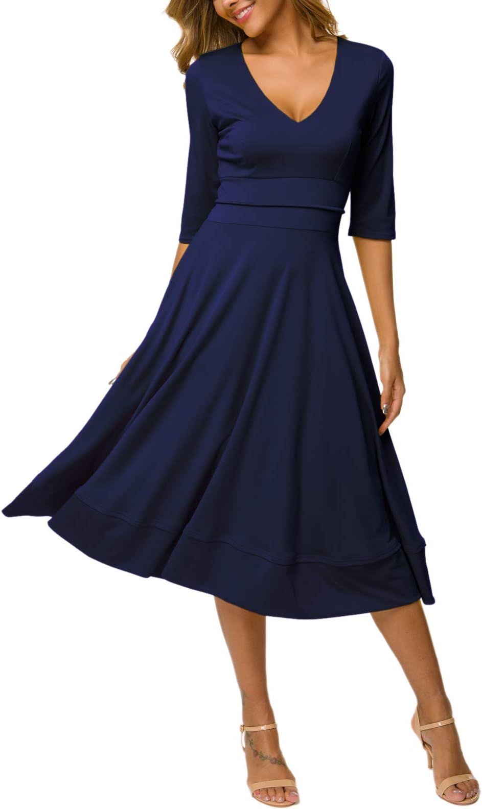 Women’s Elegant Vintage Cocktail 3/4 Sleeve Deep V Neck Maxi Dress with Pockets