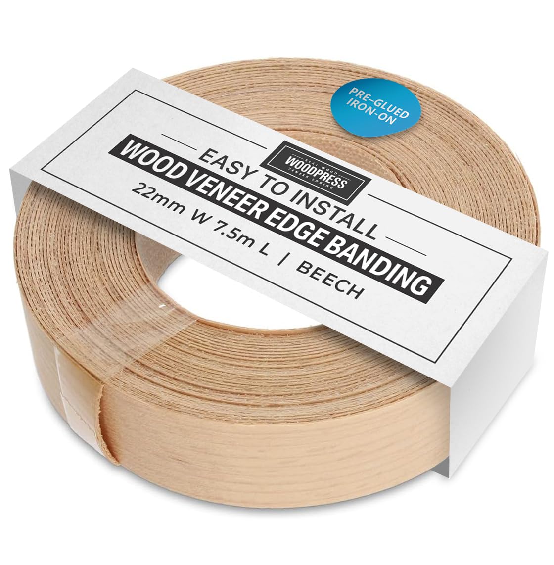 WoodPress 22mm Real Beech Edging Tape - 7.5m Iron On Edging Strip - Pre-Glued Wood Veneer Edging Tape for DIY Application - Edge Banding for Furniture Restoration - Hot-Melt Adhesive Wood Trim Edging