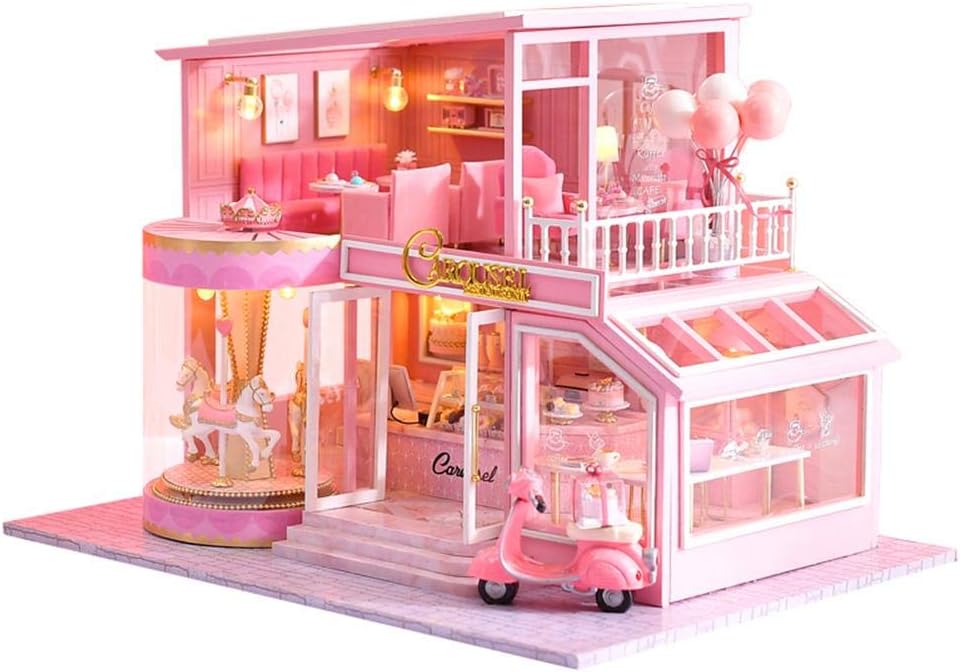 Supicity Dollhouse Miniature DIY House Kit with Furniture, LED Lights, and Music Movement, Pink House with Carousel, Red Electric car, Balloon and Cake, Romantic Valentine's Gift, for Woman Children