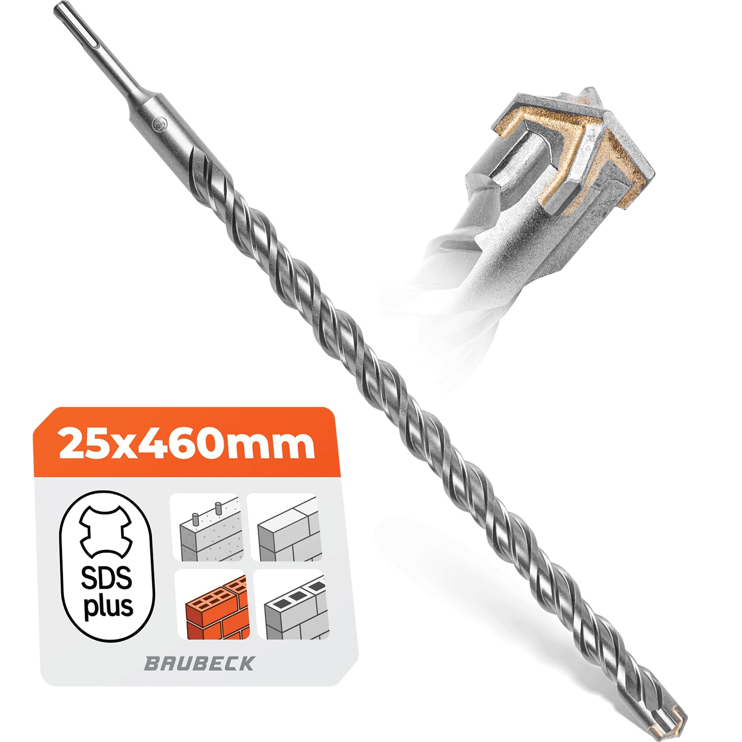 BAUBECK SDS Plus Drill Bit 25 mm x 460 mm Long for Concrete and Stone - Premium 40CR Steel, Durable - 4 Cutting Masonry Drill Bits 25 mm for Best Results - SDS Plus Drill Bit 25 mm Concrete Drill Bit