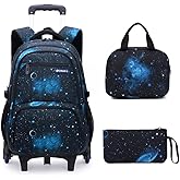 Mildame Galaxy Print Rolling Backpack for School Boys Girls with Lunch Bag Teens Bookbag with Wheels Kids Trolley Bag Set, Six Wheels