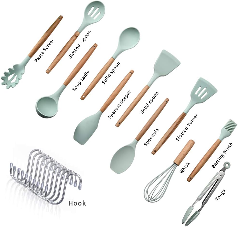 Silicone Kitchen Utensils Set, 12Pcs Kitchen Cooking Utensils Set with Hook, BPA Free Non-toxic Kitchen Gadgets Set, Heat-resistant Kitchen Tool Set with Wooden Handle, Best Kitchen Utensils Gift: Kitchen & Dining