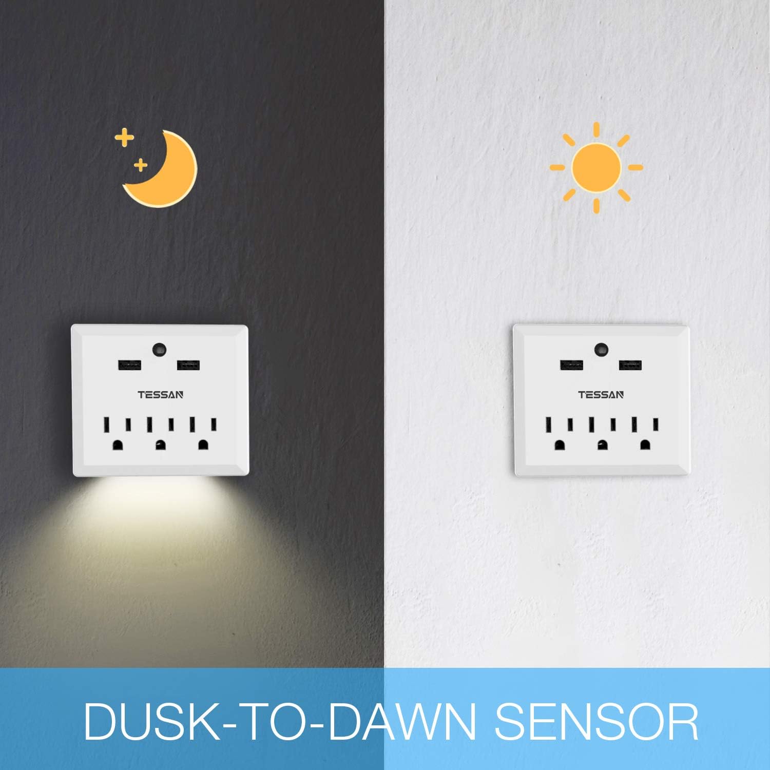 Multi Plug Outlet Extender with USB Wall Charger and Night Light, 3 Electrical Outlet Splitter 2 USB Phone Charger Wall Plug for Cruise Essentials, Multiple Power Outlet Expander with Charging Station - - 