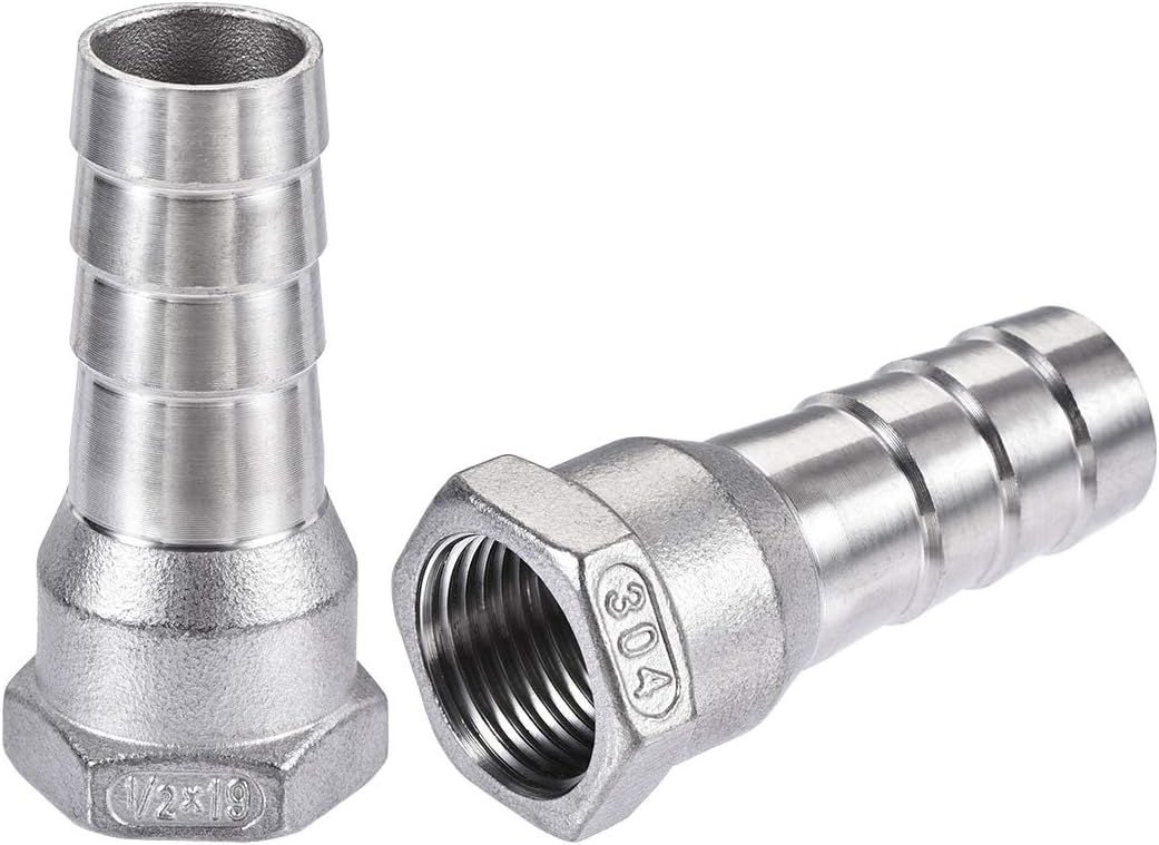 sourcing map 304 Stainless Steel Hose Barb Fitting Coupler, 19mm Barb x G1/2 Female Thread Pipe Adapter, 2Pcs